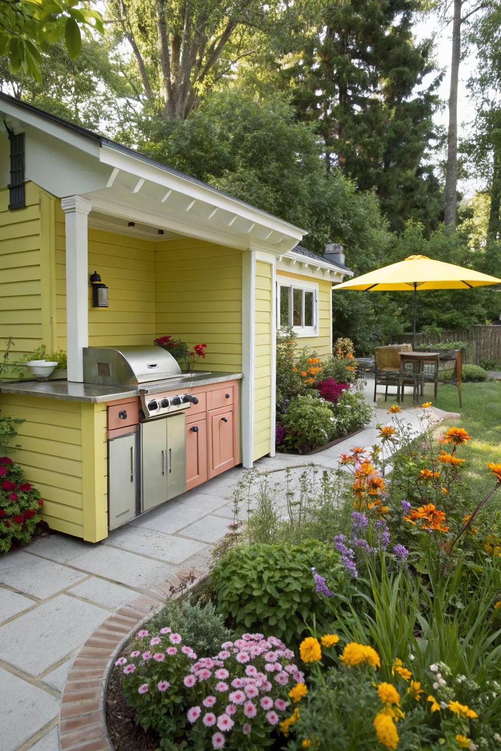Colorful painted siding adds a cheerful and vibrant pop to outdoor kitchens.