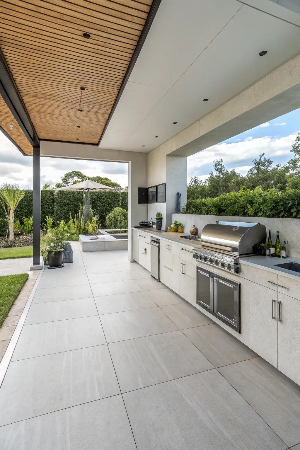 Seamless large format tiles in a minimalist outdoor kitchen setting.