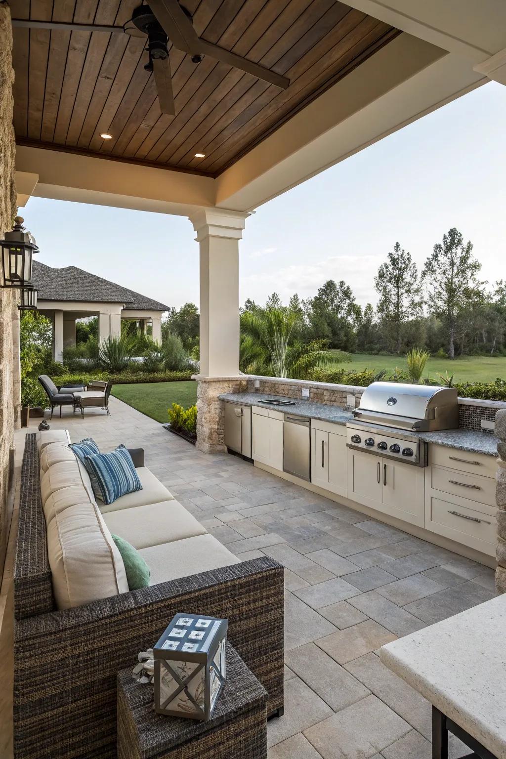 Built-in benches offer chic and cozy seating.