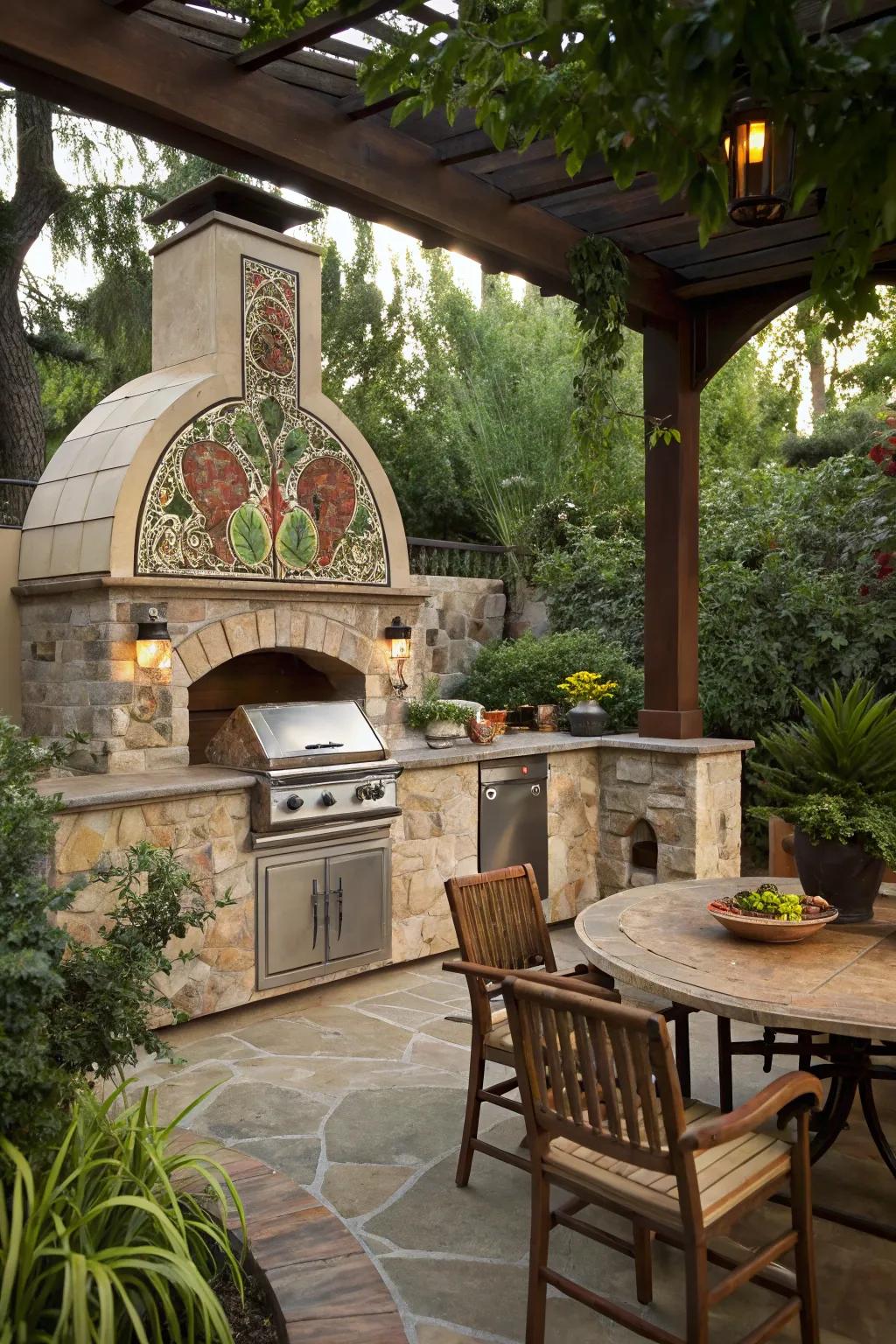 Artistic outdoor kitchen with mosaic stone veneer.