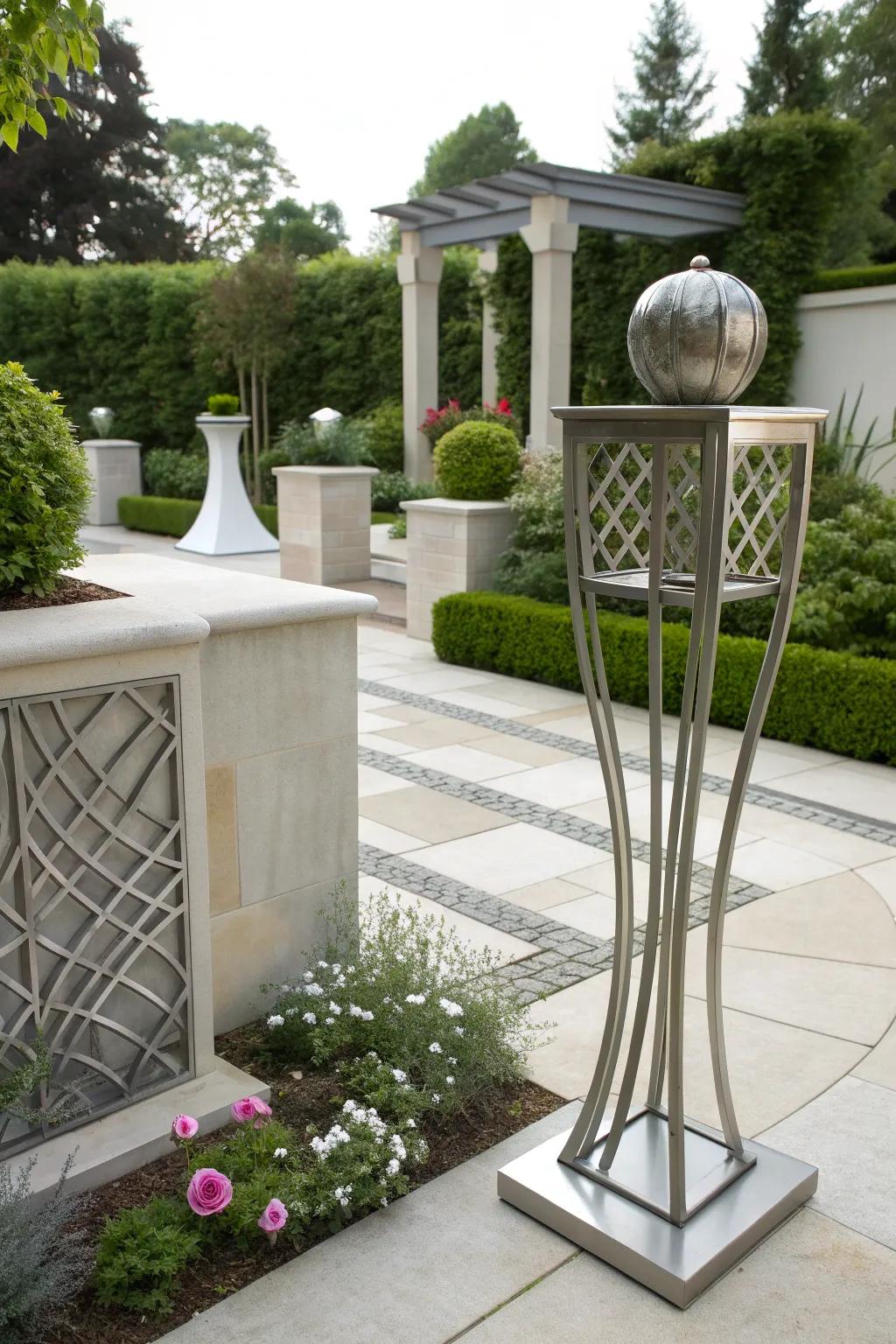 Artistic flair with the sculptural metal plant stand.