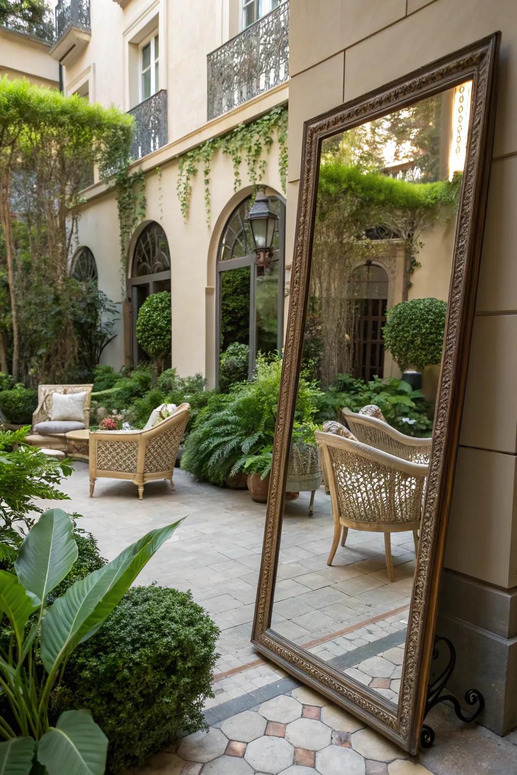 Courtyard mirrors expand space and style.