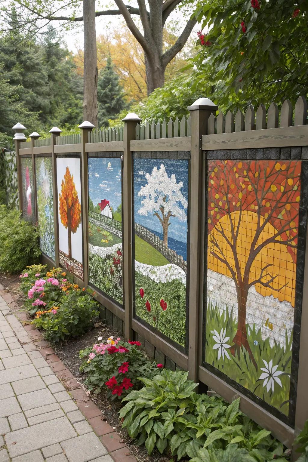 Dynamic mosaic fence panels that bring seasonal charm to a yard.