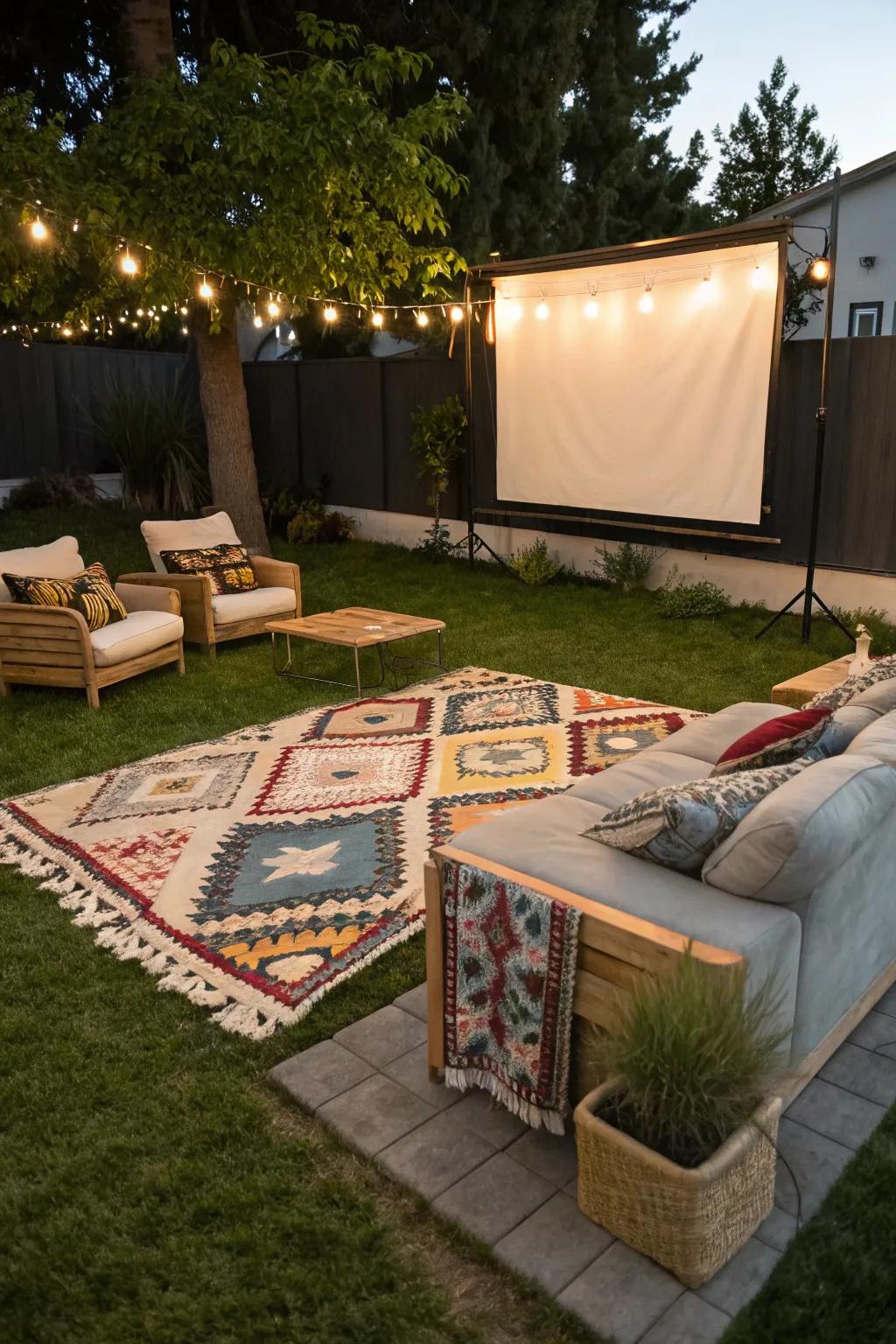 Rugs add comfort and define your outdoor movie space.