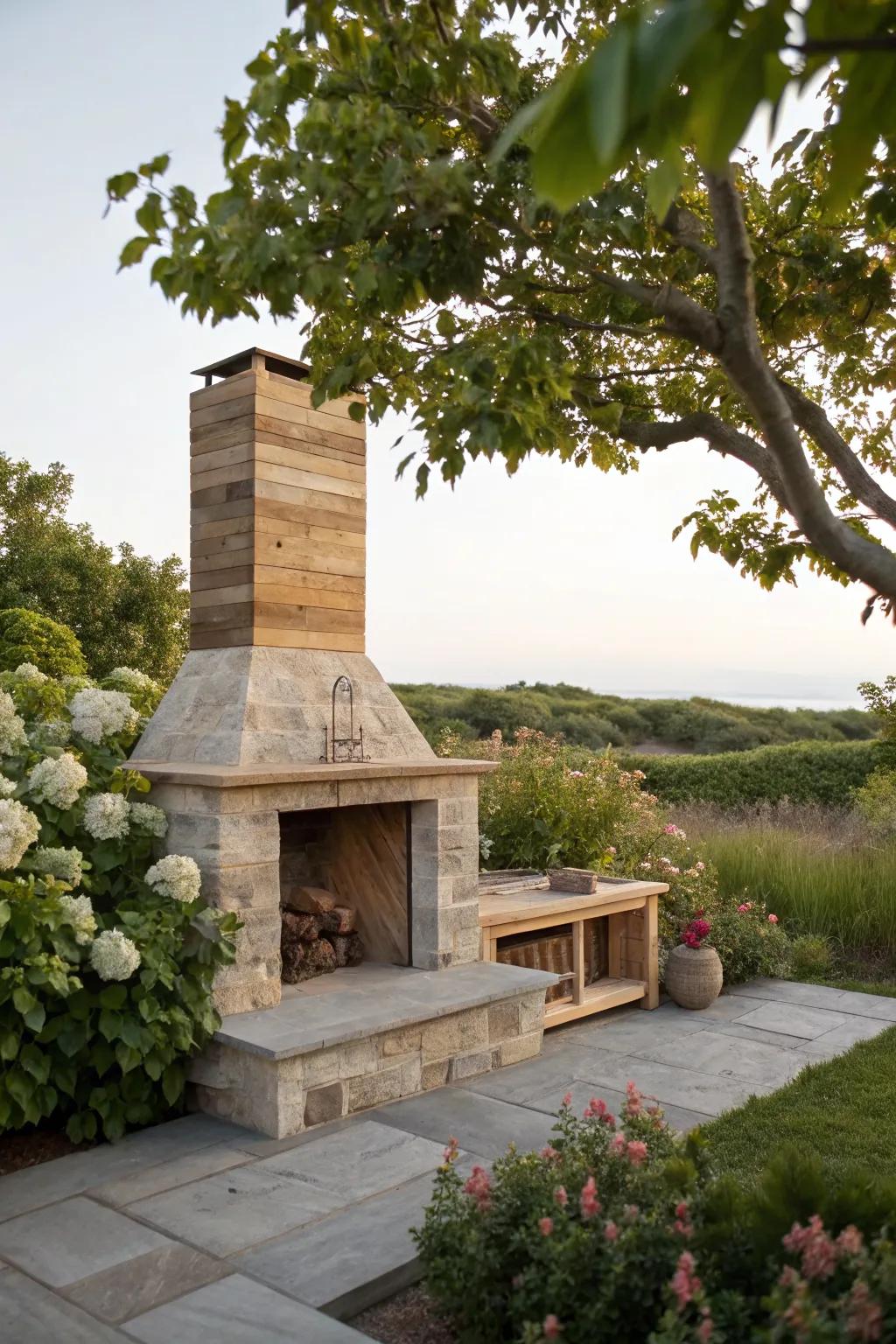 Natural beauty: a minimalist fireplace with organic materials.