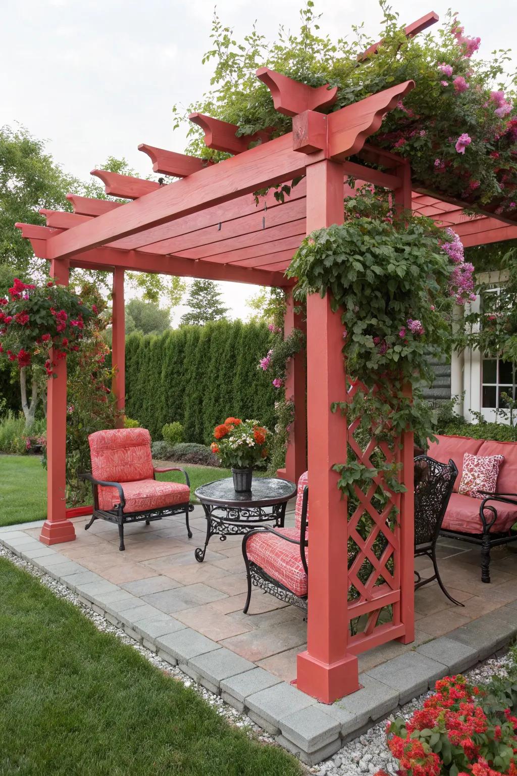 A bold color choice turns your pergola into a standout feature.