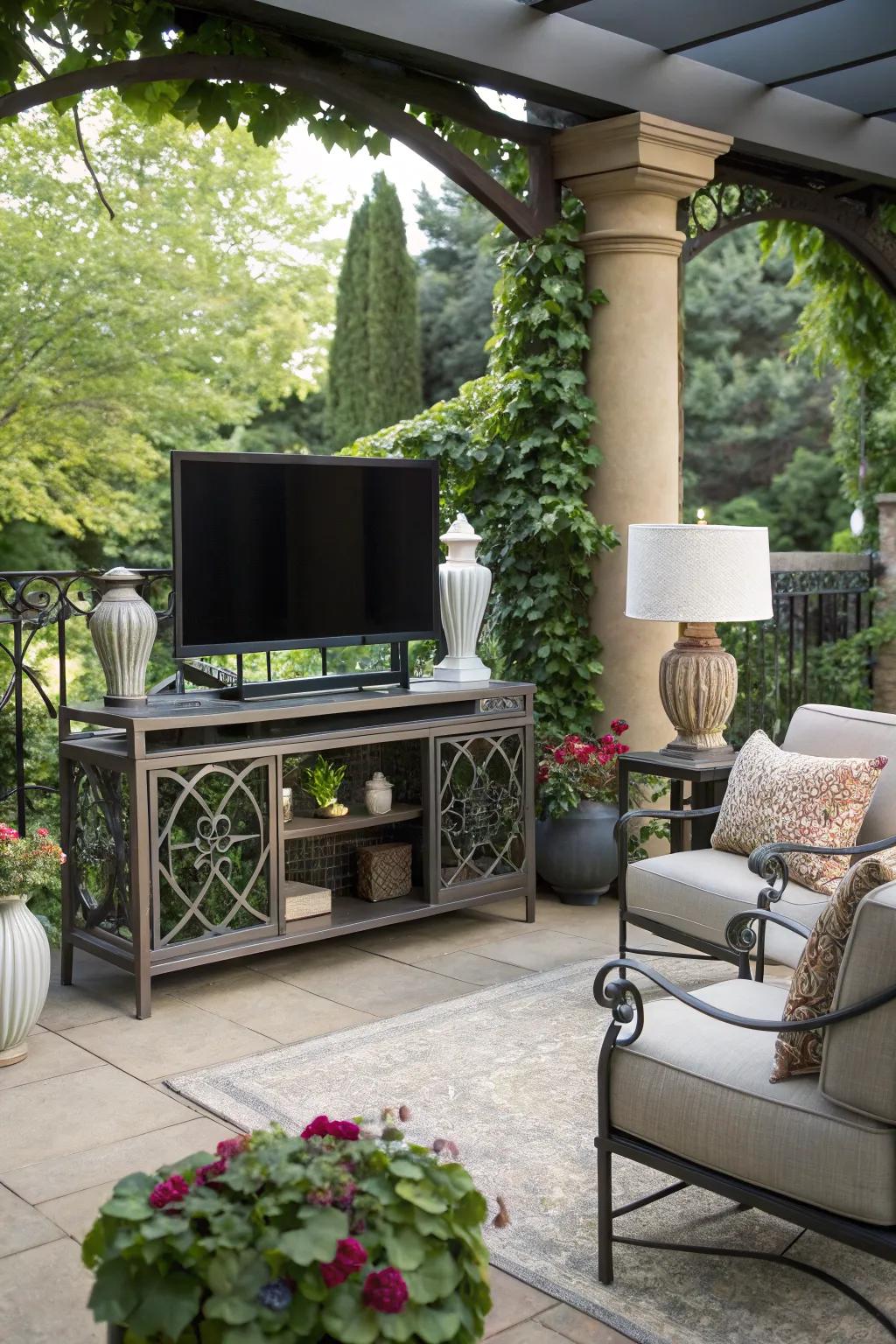 Make a statement with an artistic metal TV stand.