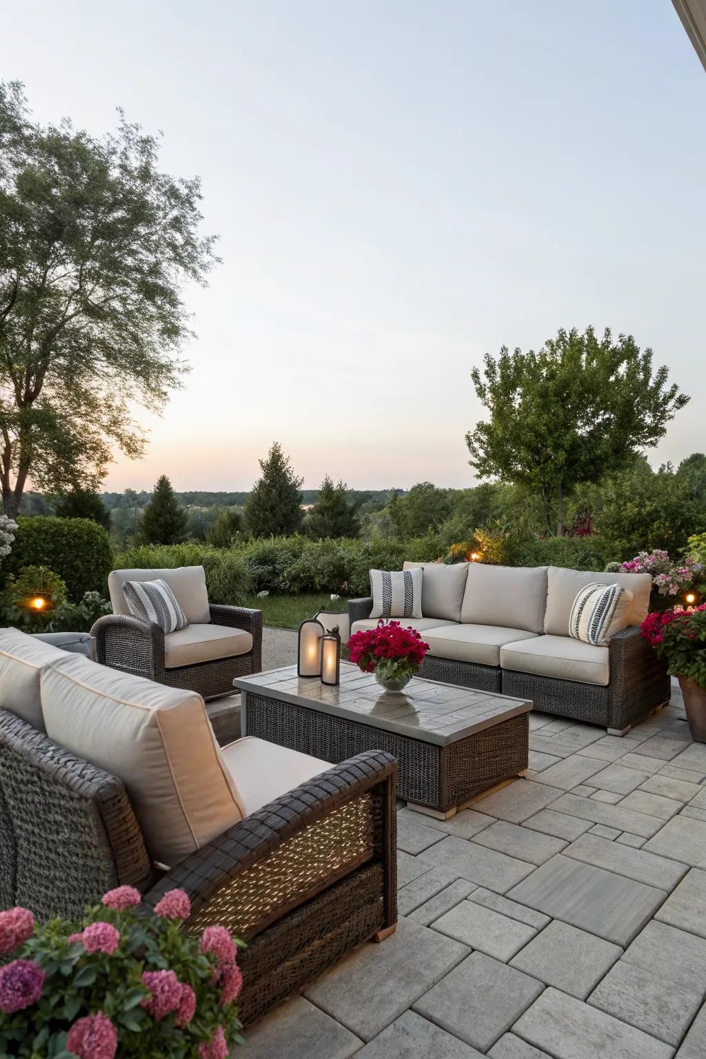 An outdoor living room offers comfort and style in nature.