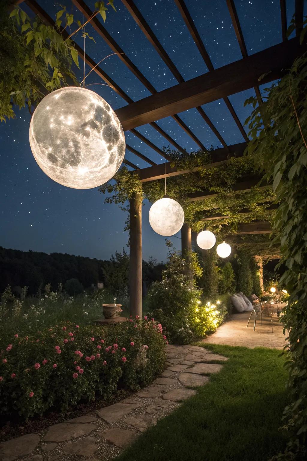Create a mystical garden with moon-like globes.