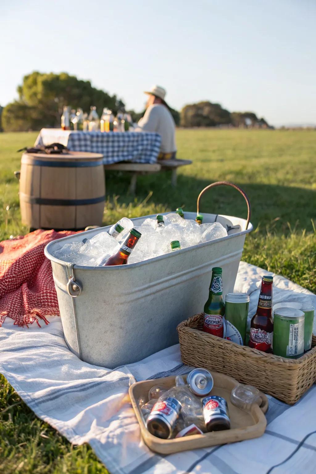 A decorative tub makes an inviting beverage station.