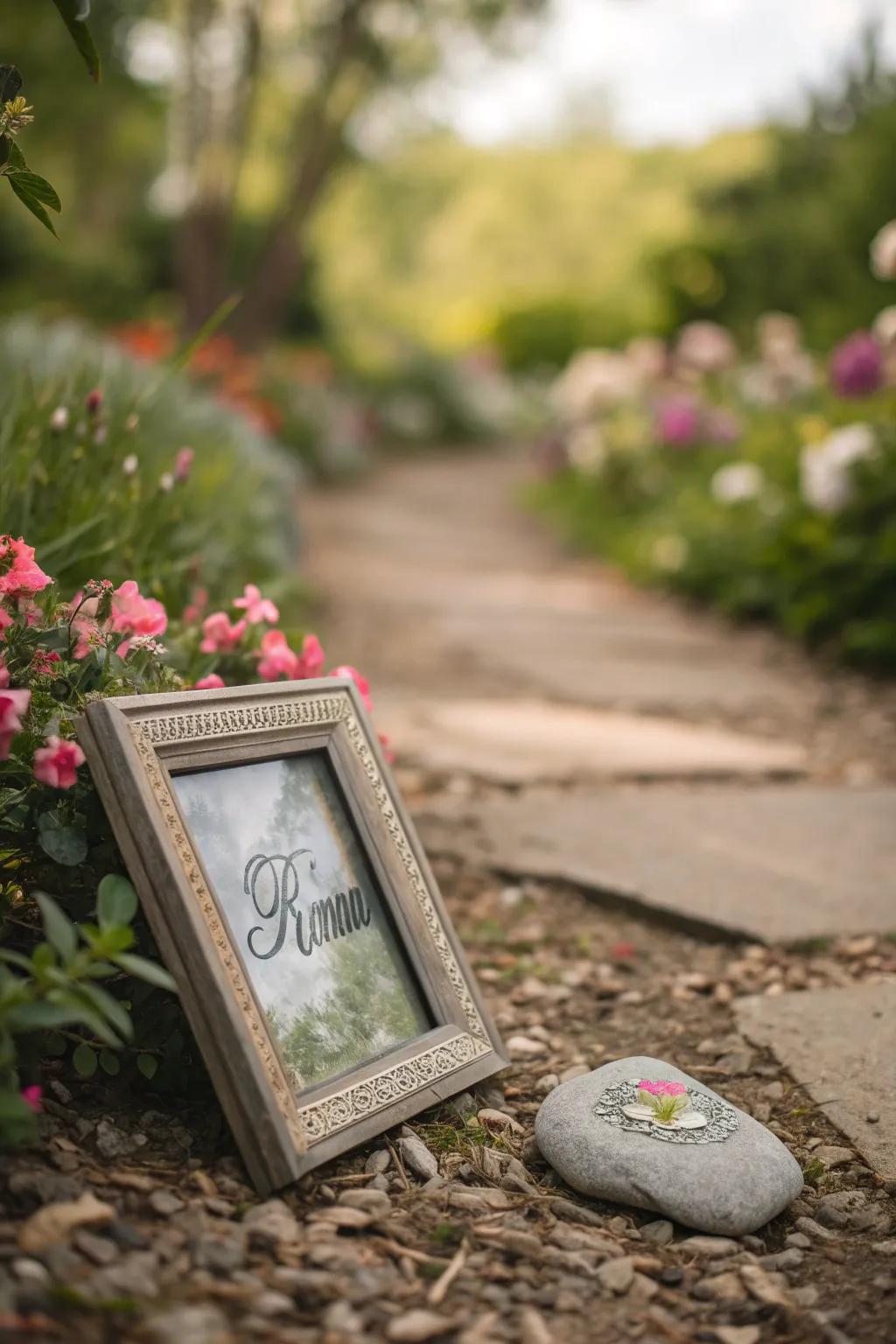 Frames with engraved stones add personal touches.