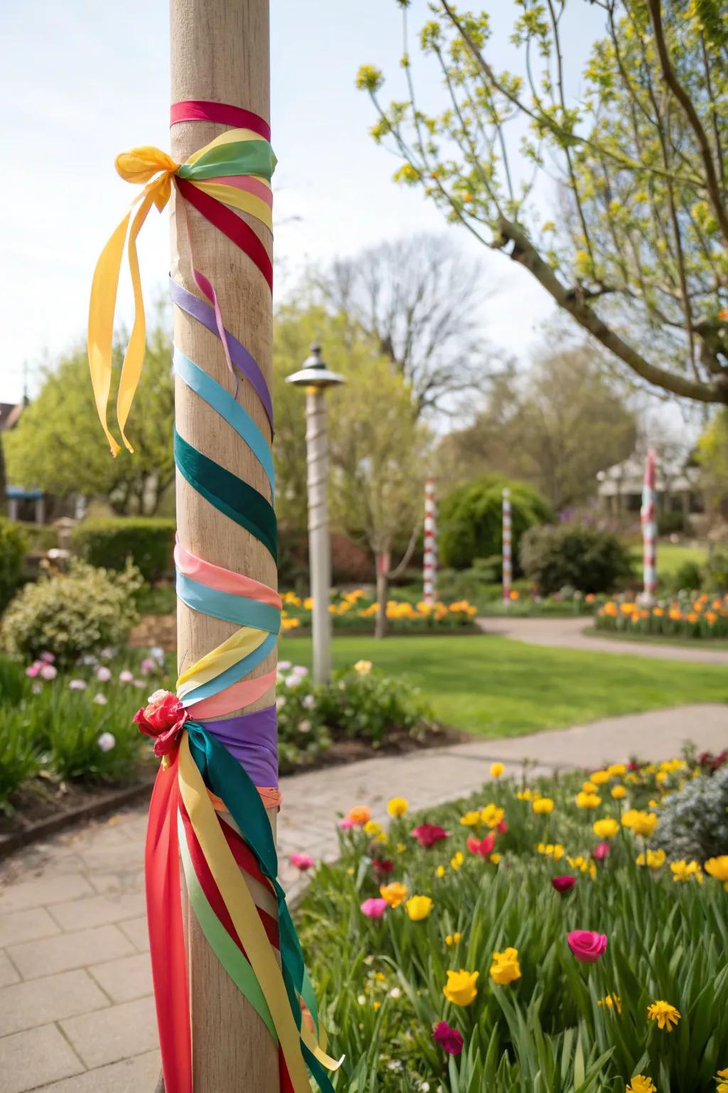 Colorful ribbons add a playful touch to outdoor poles.