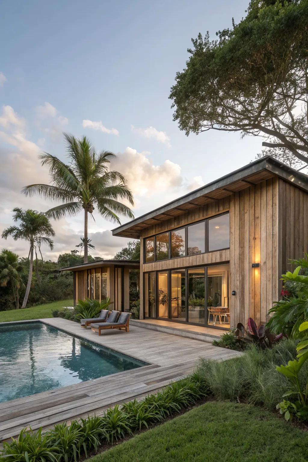 Eco-friendly materials in a pool house for a sustainable choice.
