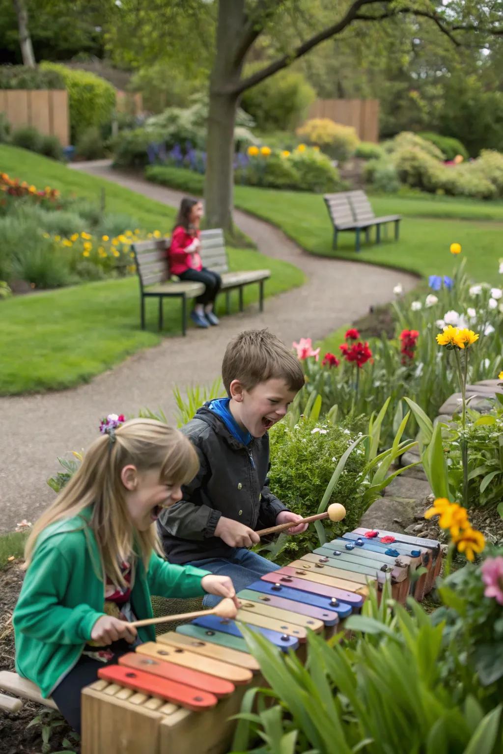 Upcycled musical instruments creating a playful music garden.