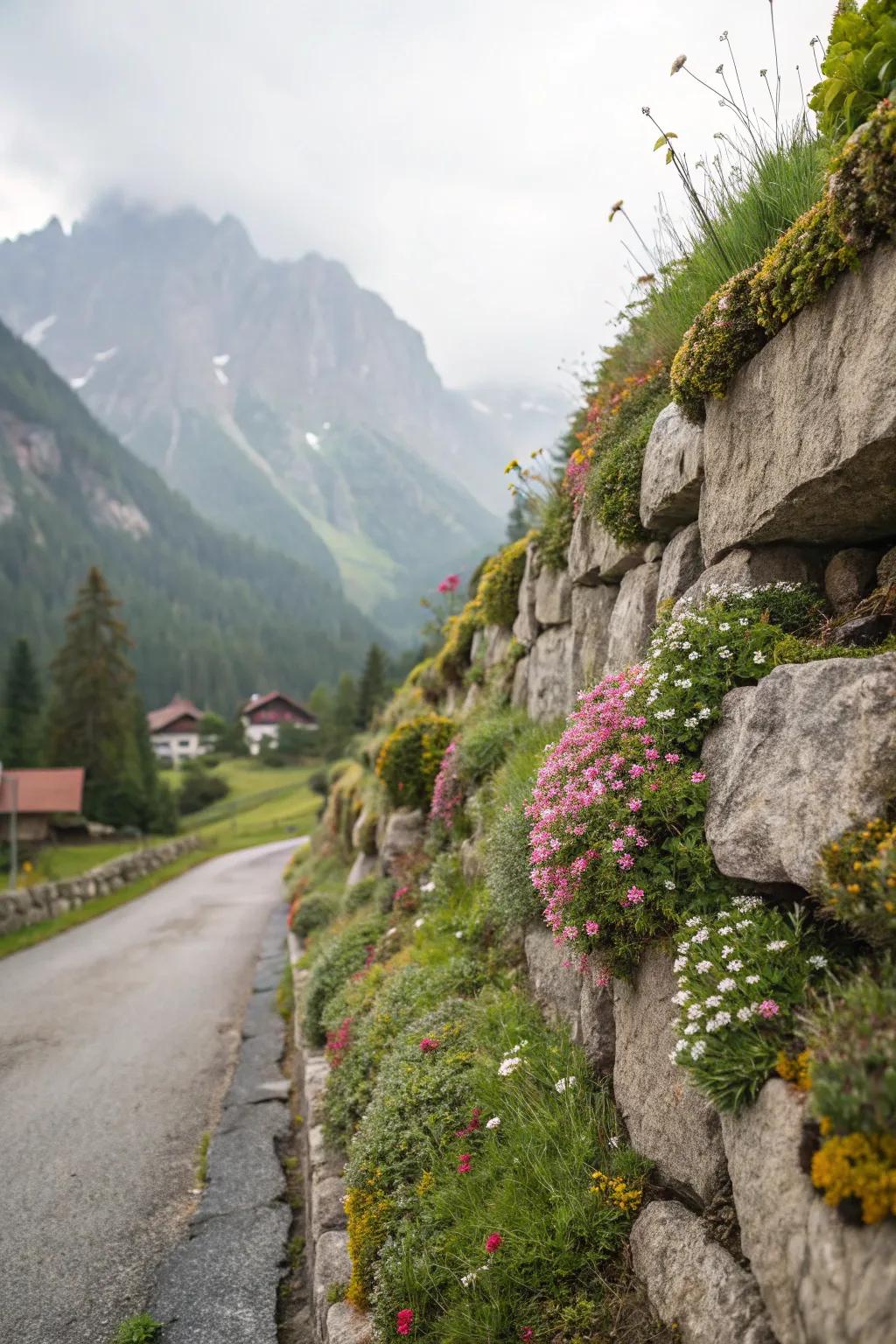 Alpine plants and rocks create a stunning mountain garden.