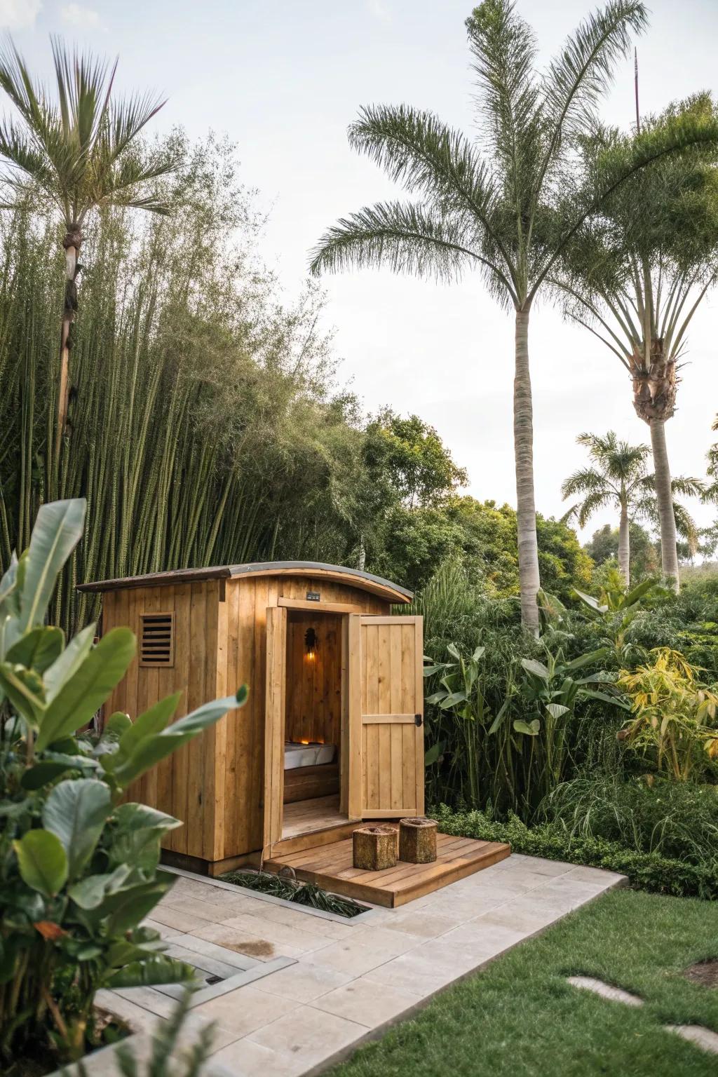 Exotic plants bring a touch of the tropics to your backyard sauna.