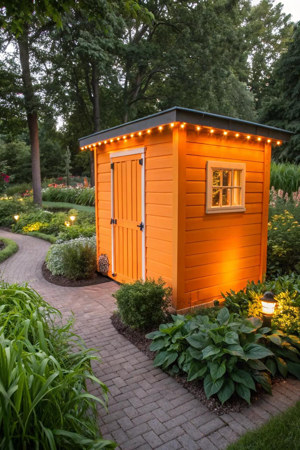 Bright orange sheds enliven and energize garden spaces.
