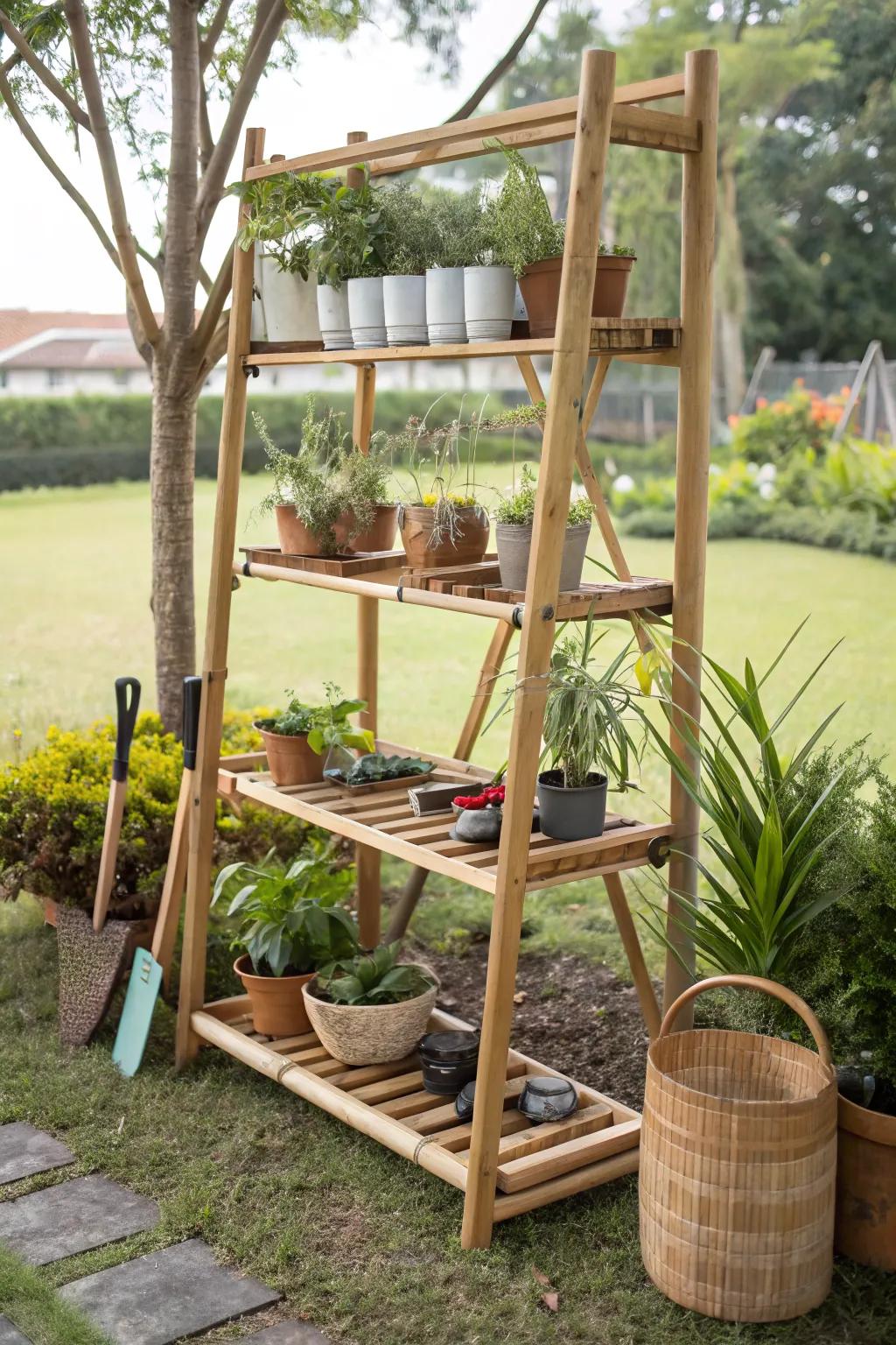 Bamboo shelving units provide an eco-friendly and tropical touch to gardens.