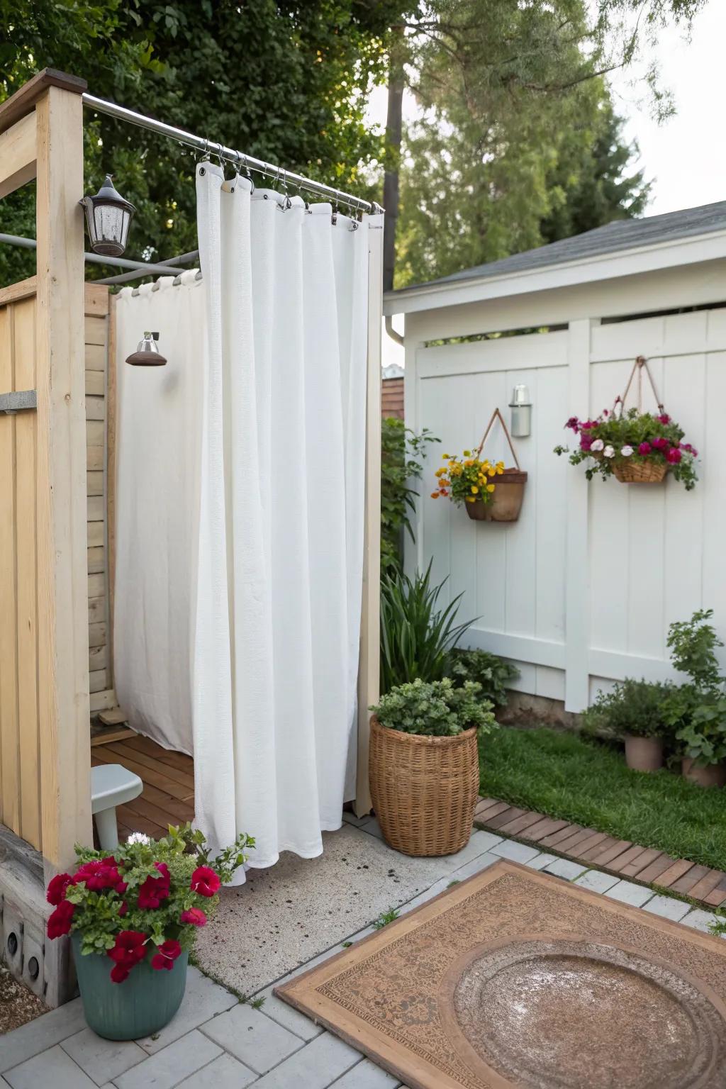 A simple outdoor shower using a curtain and rail, perfect for flexible and easy style changes.