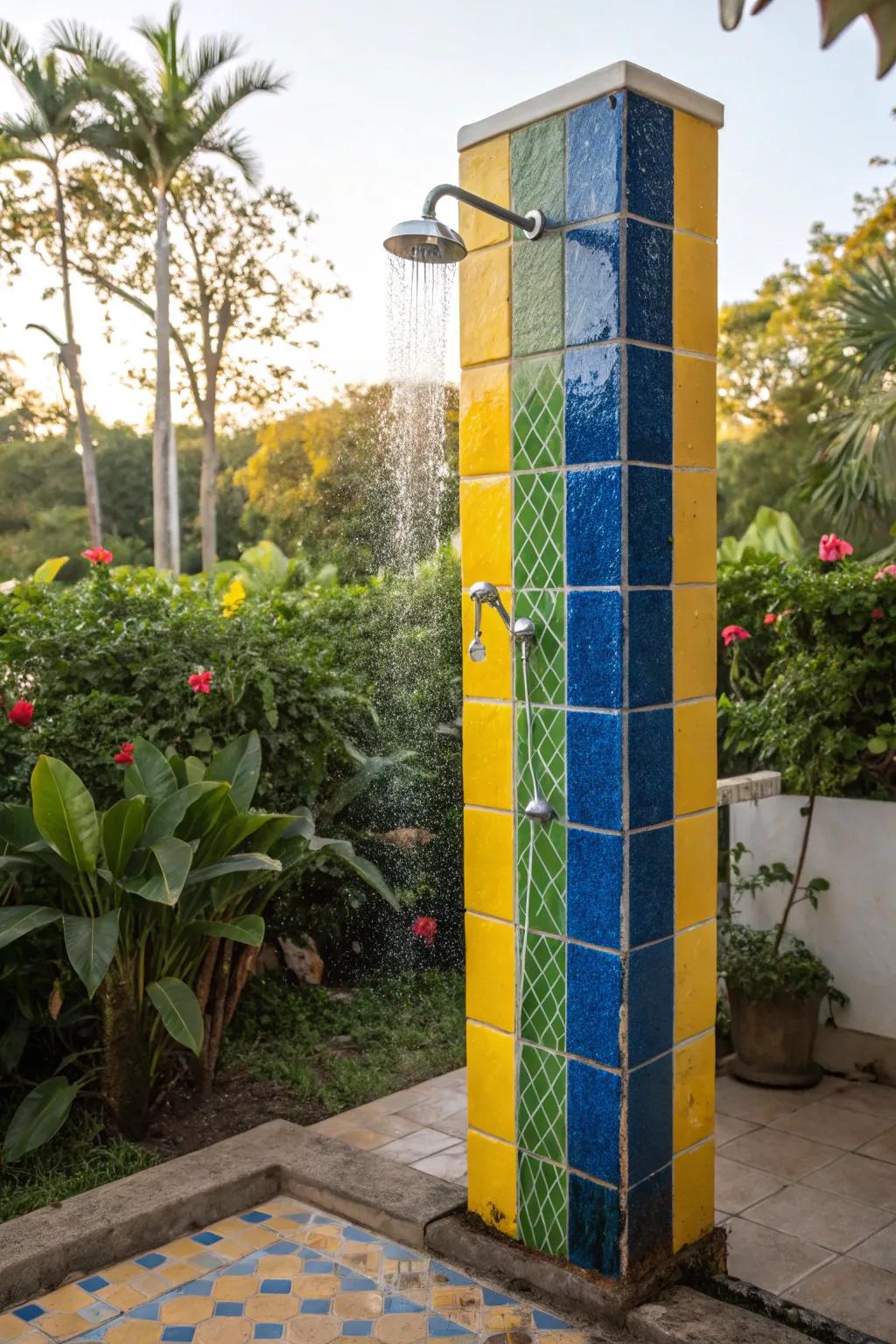 A vibrant outdoor shower featuring bright and bold tiles.