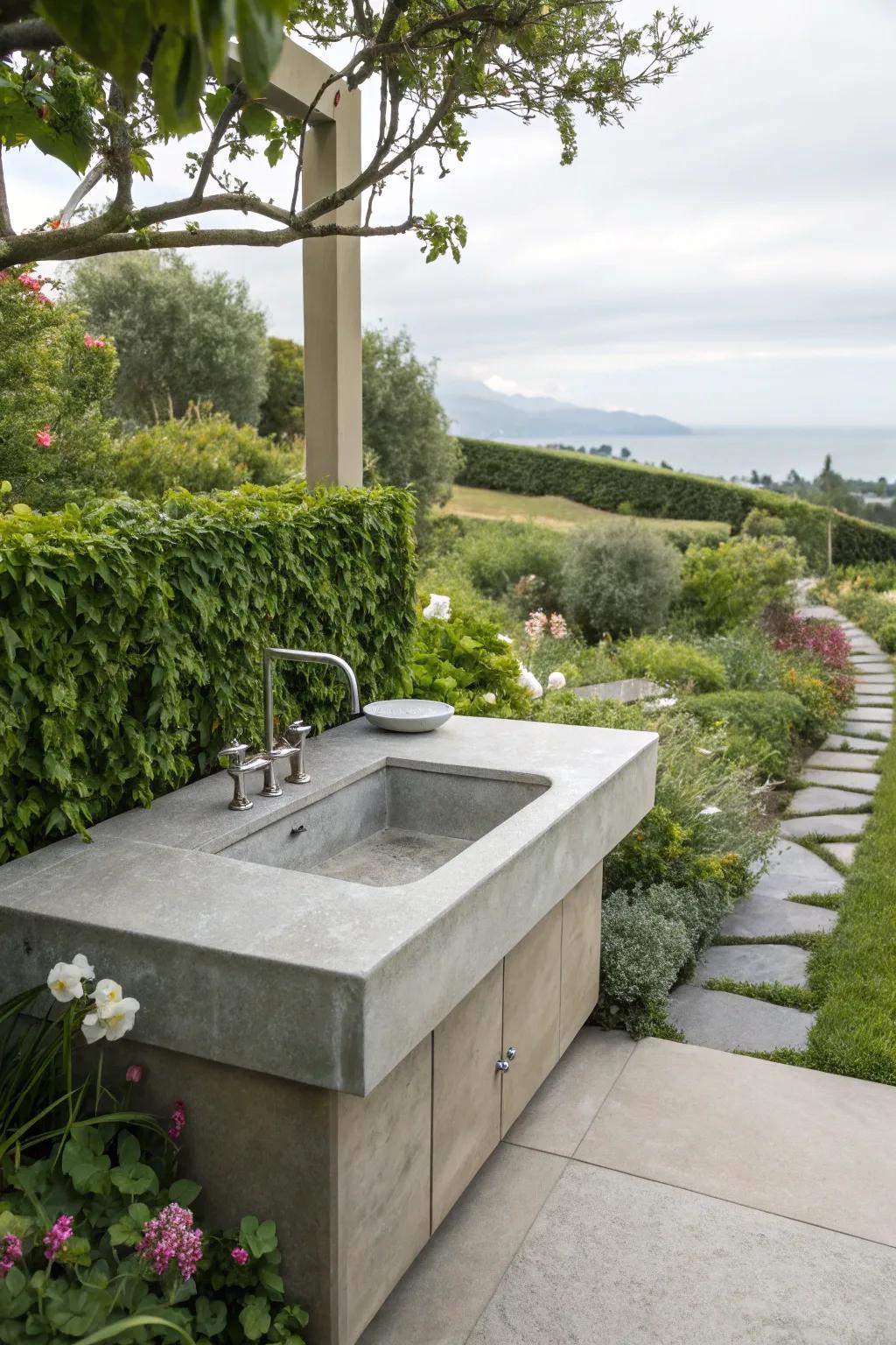 A durable outdoor sink with a sleek concrete countertop.