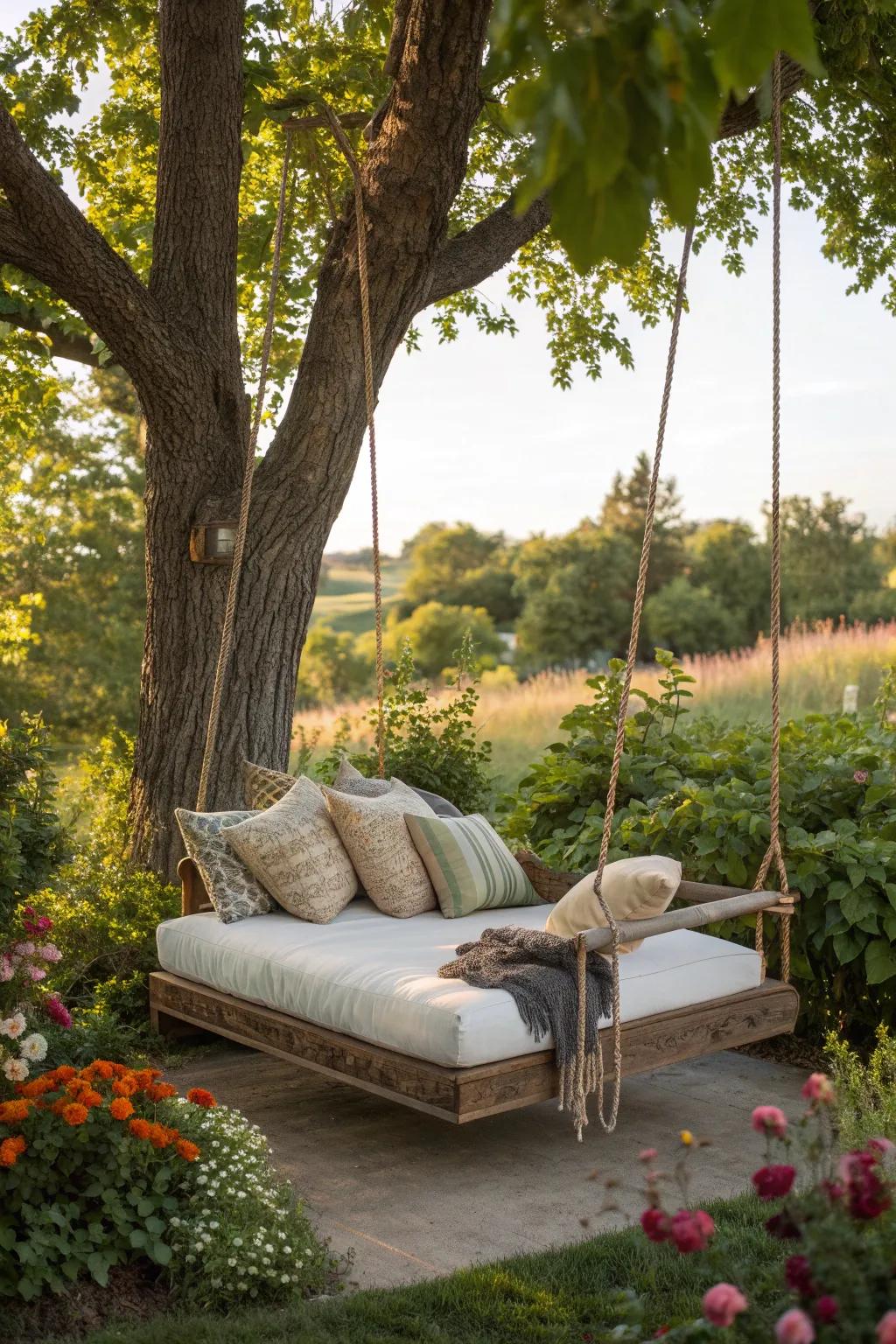 A luxurious swing bed offering a relaxing outdoor experience.