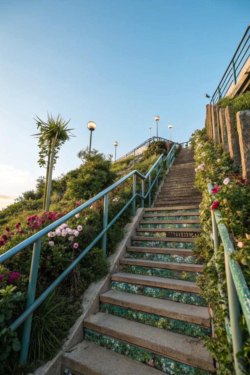 Railings from recycled materials highlight sustainable creativity.