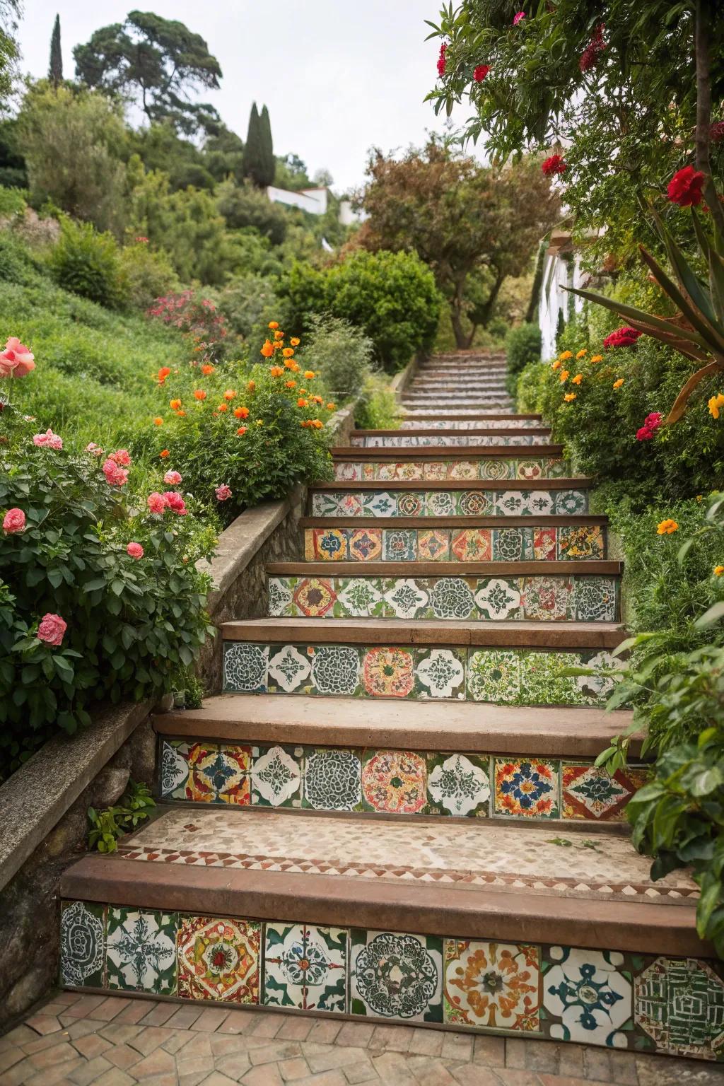Patterned stencils add intricate designs to outdoor stair risers.