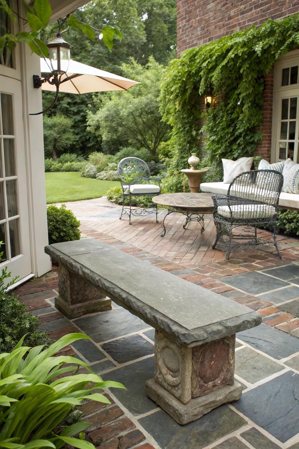 A stylish patio enhanced with a sturdy stone bench.