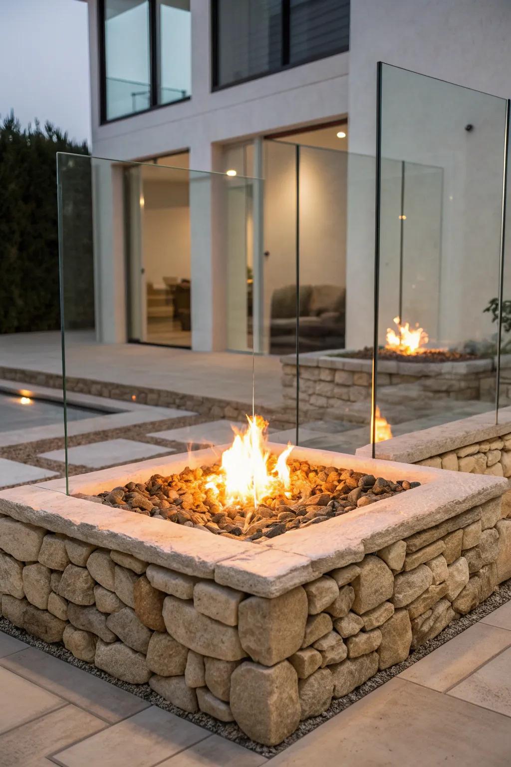 A stone fire pit featuring heat-resistant glass for a contemporary look.