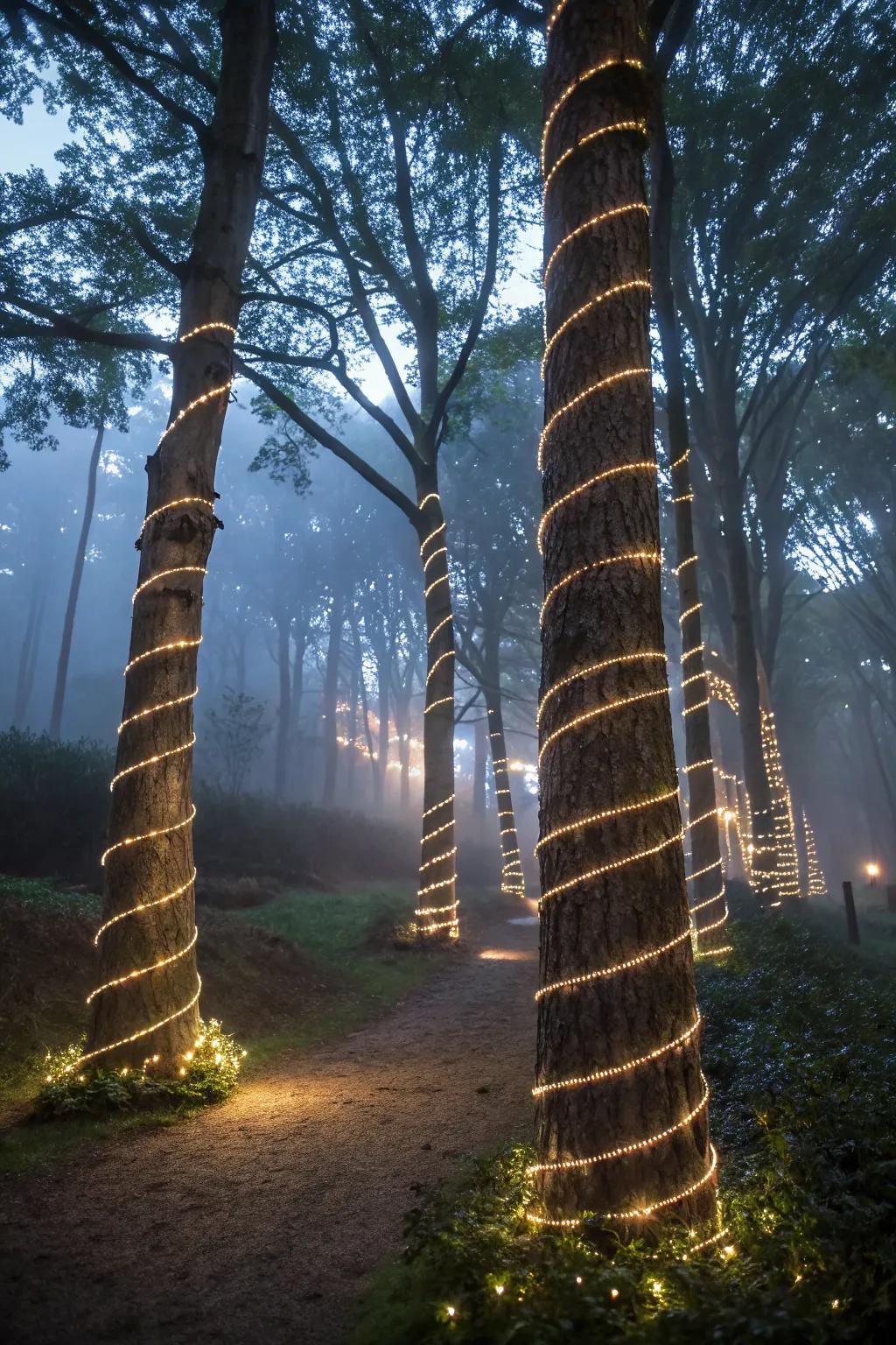 Tree trunk lighting adds a whimsical touch to your garden.