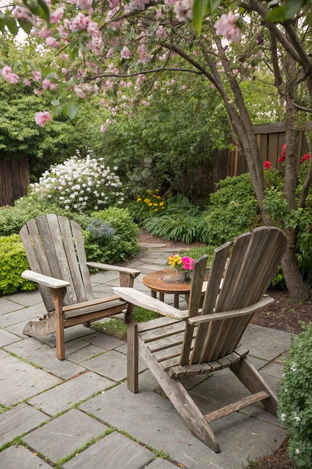 Relax in rustic comfort with Adirondack chairs.