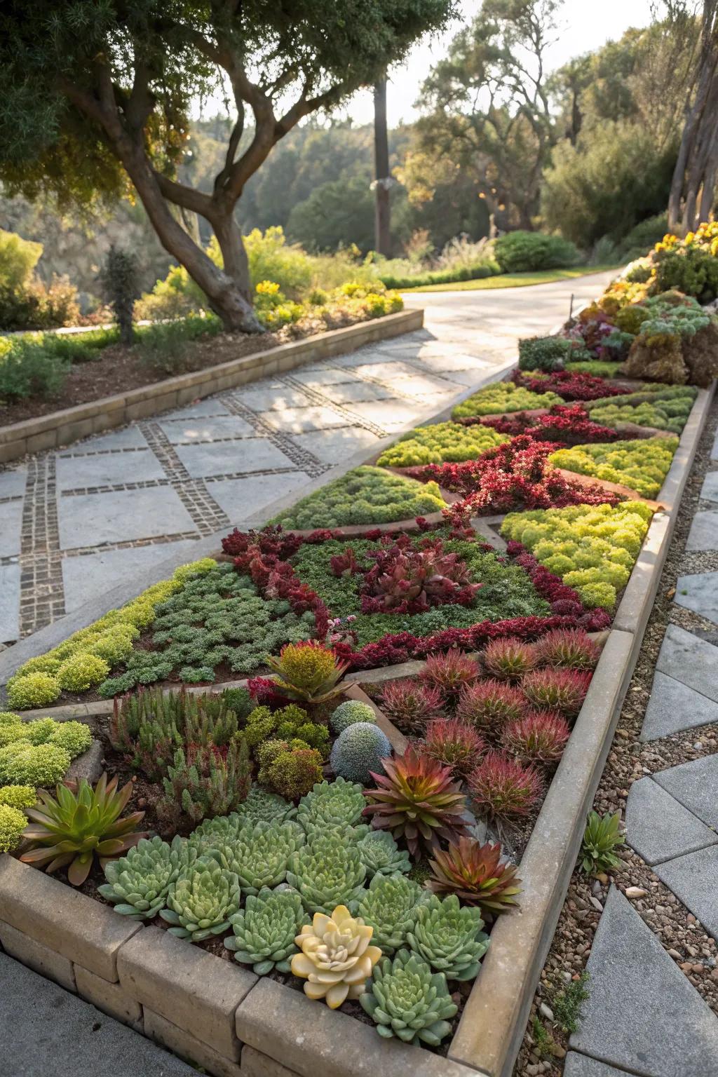 A living mosaic garden featuring a vibrant array of succulents.