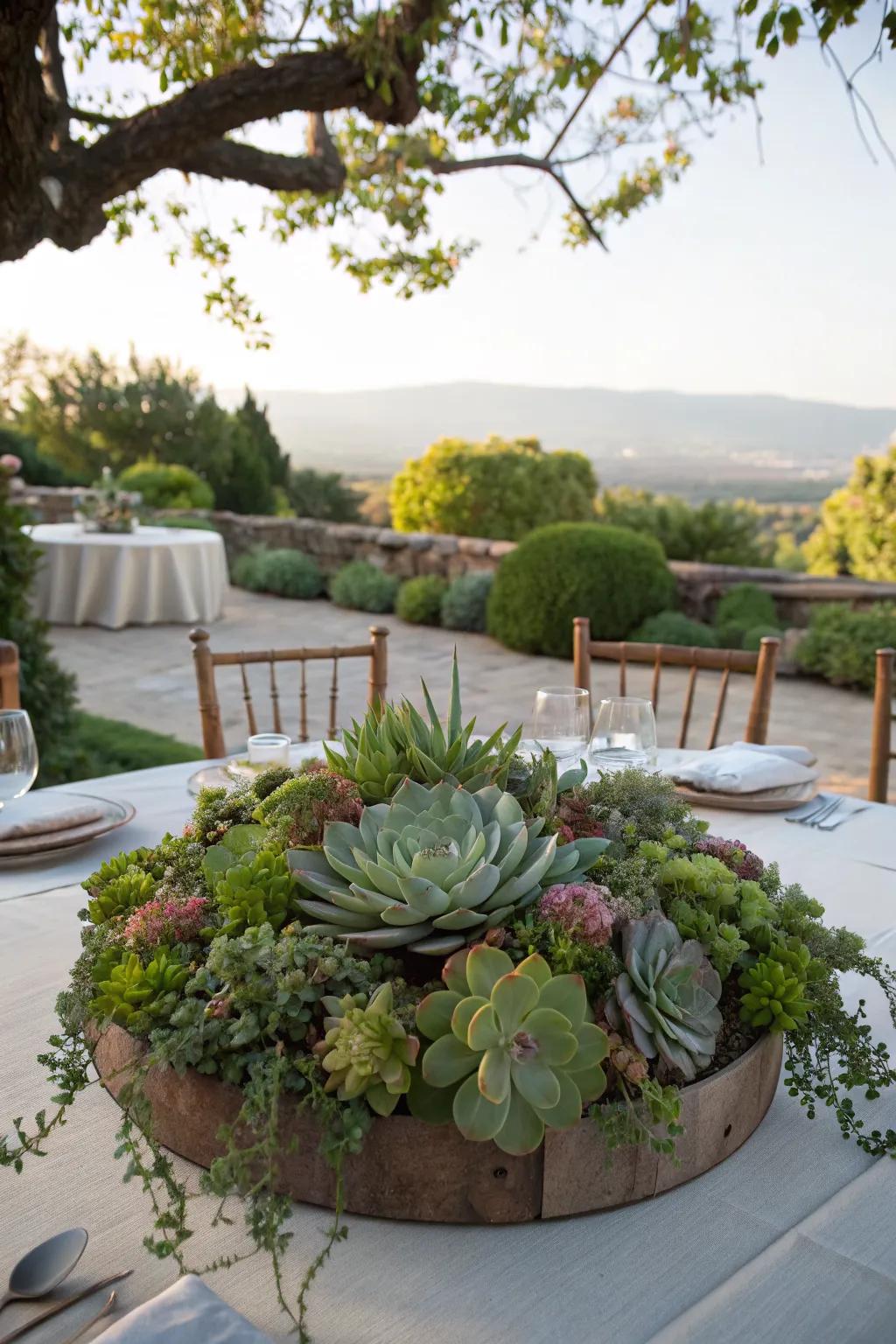 Succulent centerpieces add elegance and life to outdoor dining.