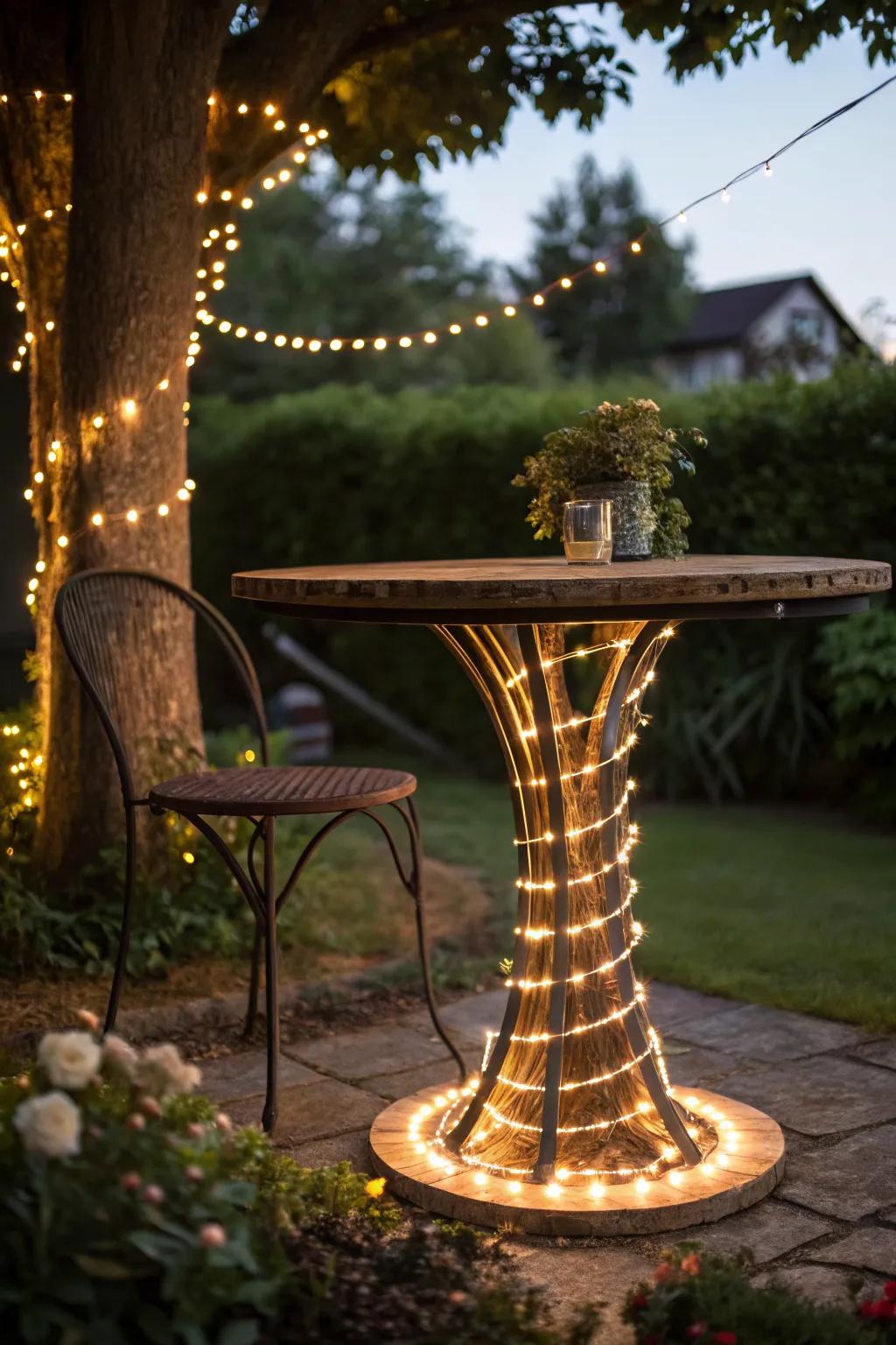 Rope lights add subtle, ambient lighting to outdoor tables.