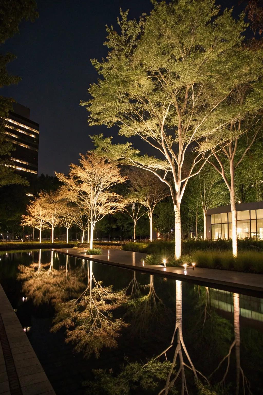 Reflected lighting doubles the beauty of your trees.