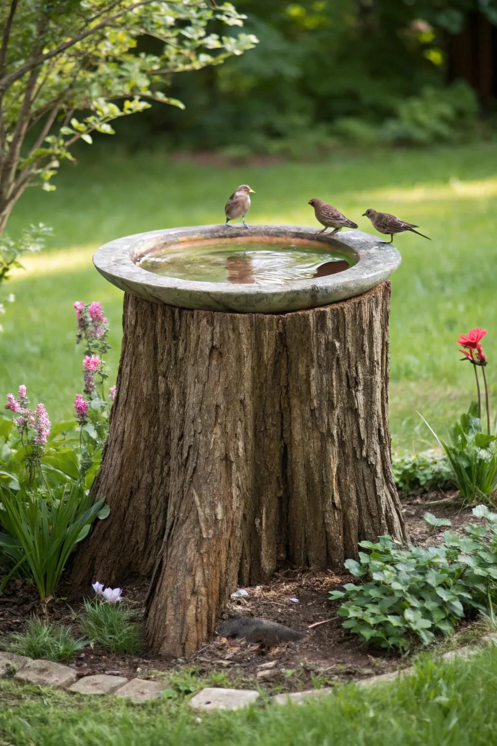 A tree stump table doubling as a base for a charming bird bath.