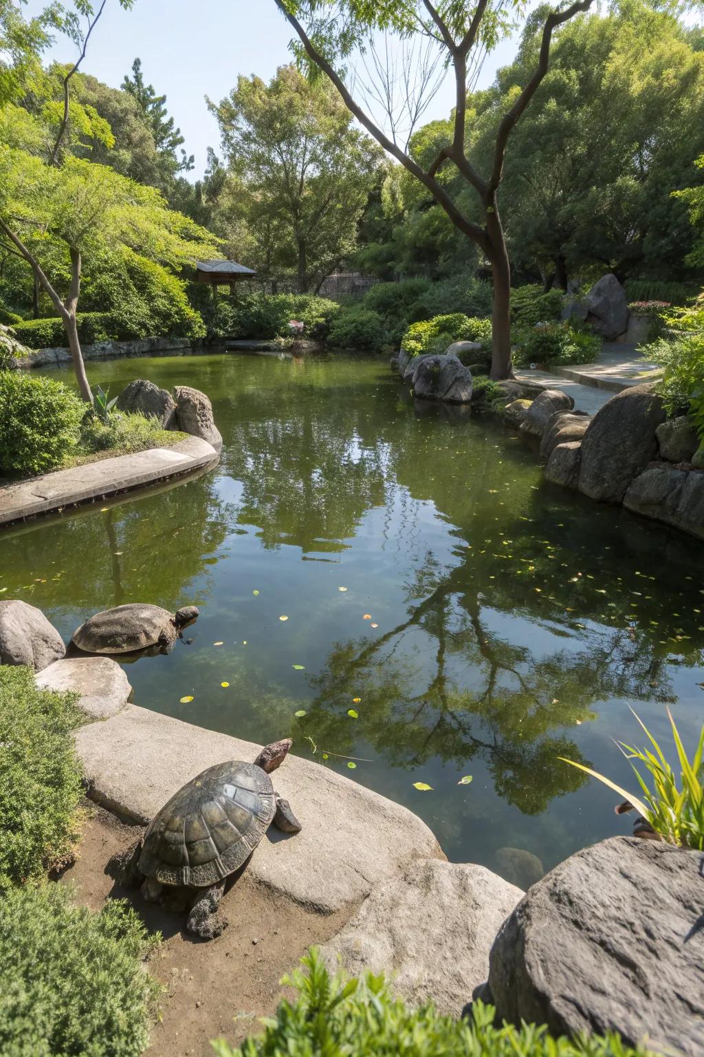 Eco-friendly filtration ensures crystal-clear water in the turtle pond.