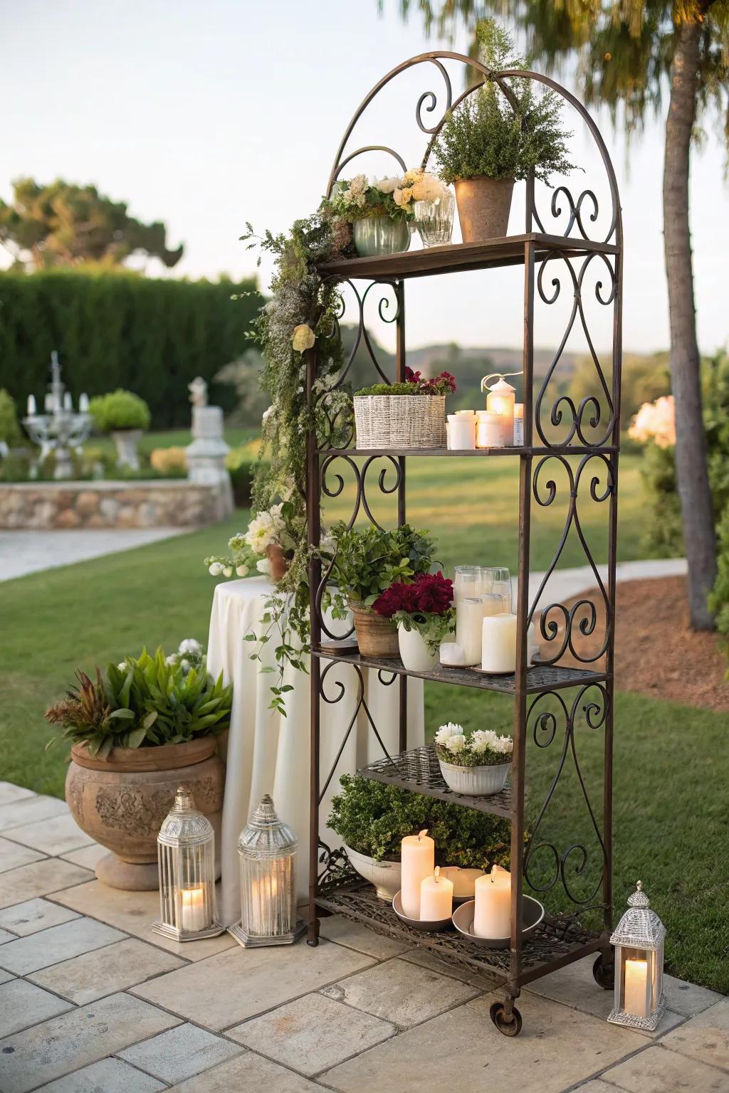Elegant wrought iron shelves for a classic garden feel.