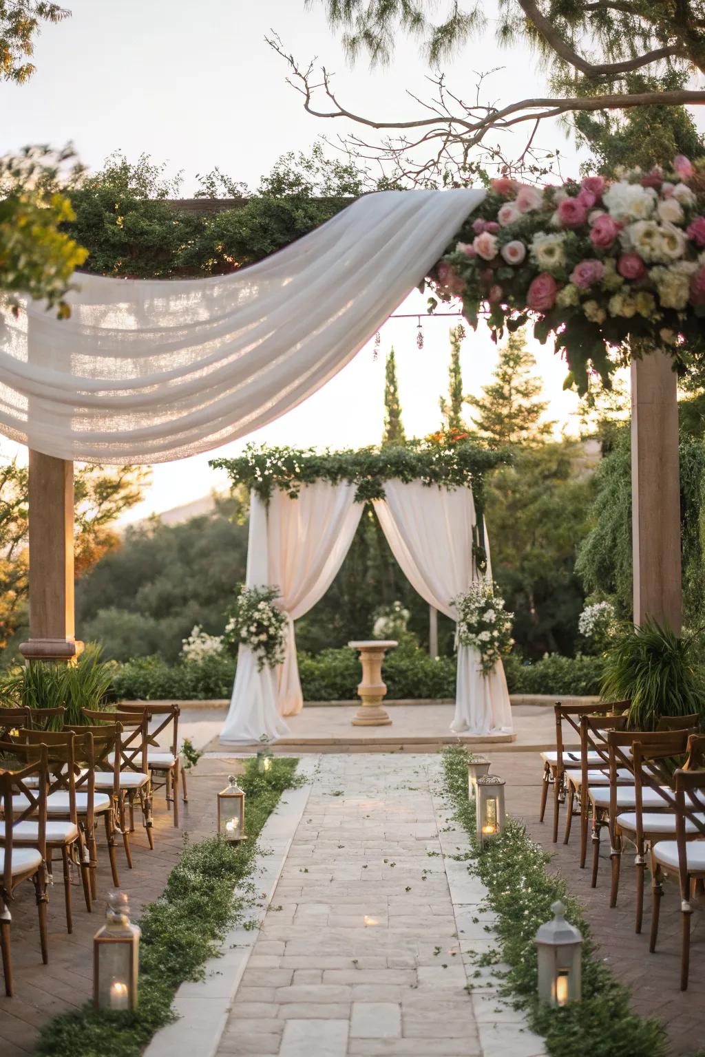 A draped canopy creates an intimate altar space.