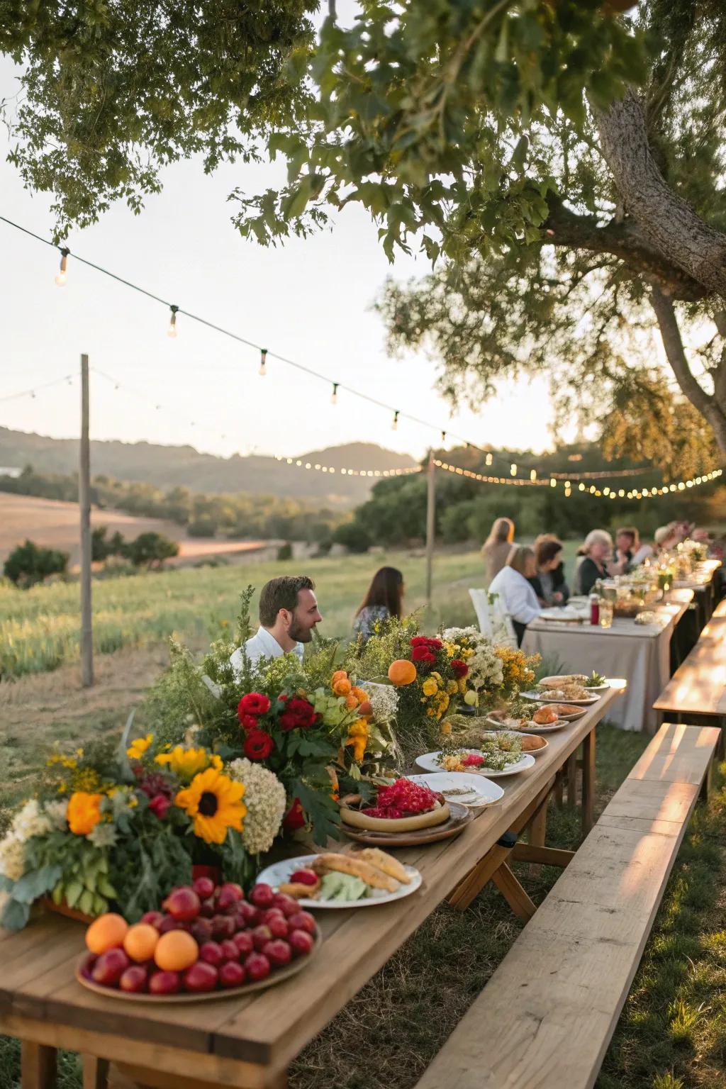 A farm-to-table dining experience offering fresh and local flavors at an outdoor wedding.