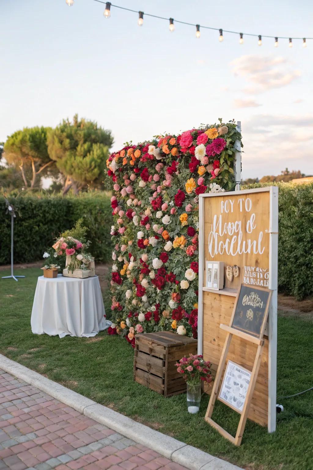 A DIY flower wall provides a lush, vibrant backdrop for your photos.