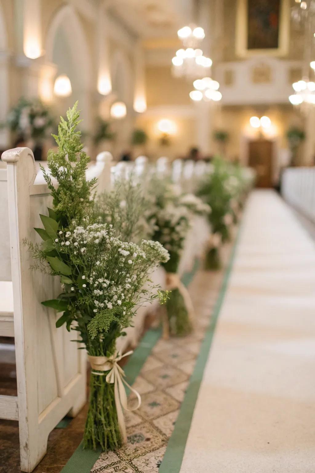 Herb bouquets adding fragrance to a wedding aisle