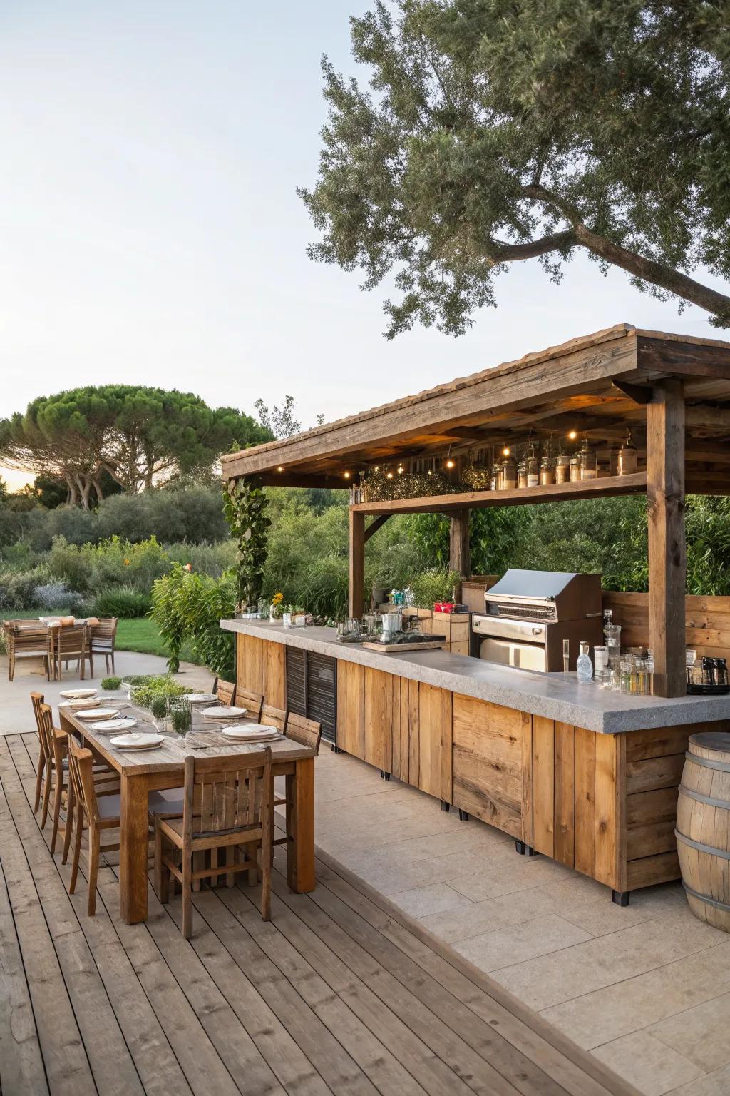 A wood bar integrated with an outdoor kitchen, creating a complete entertainment hub.