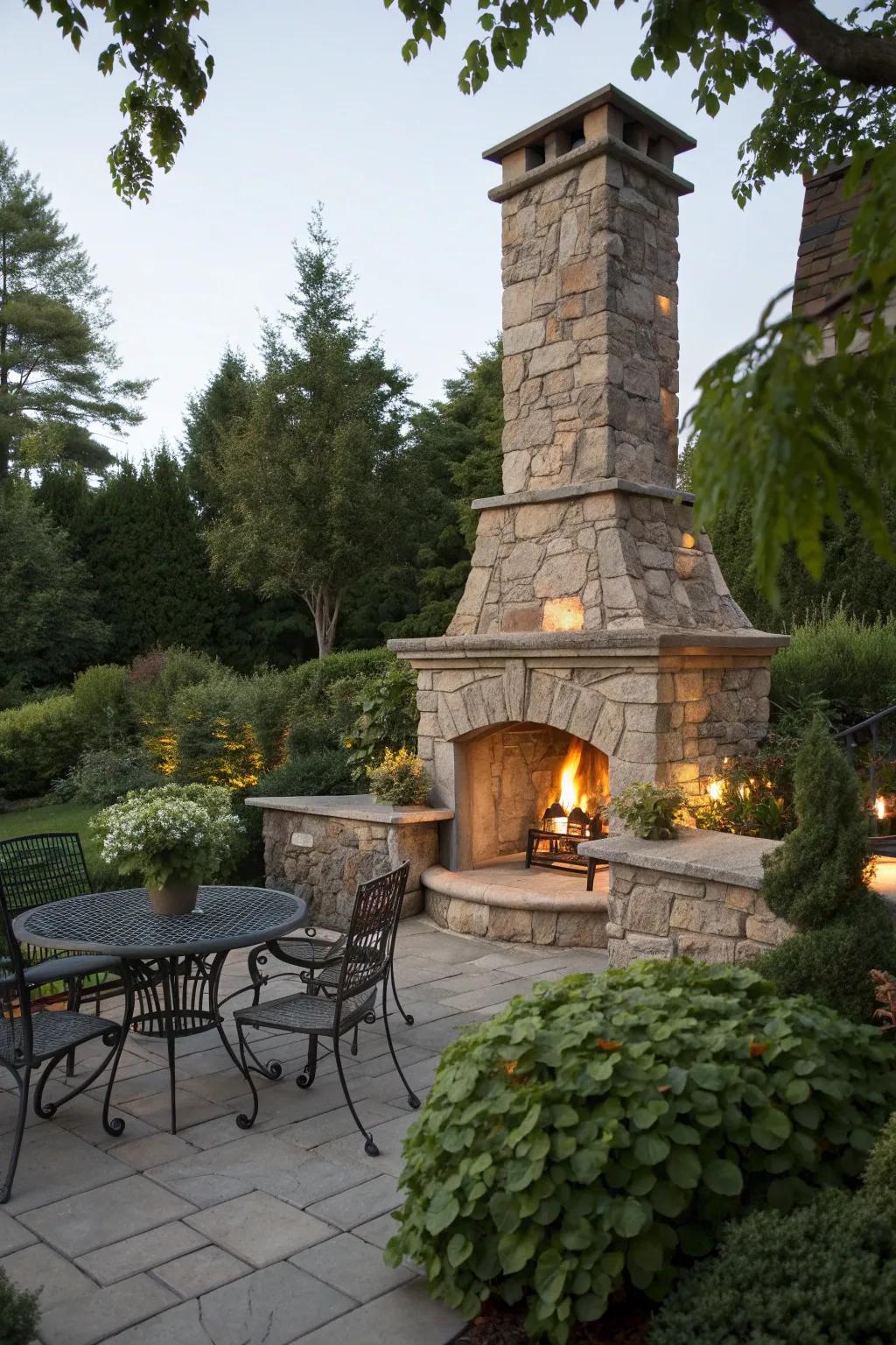 A stone chimney fire feature for classic elegance.