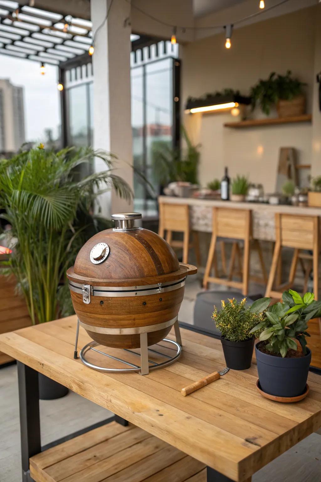 Wood and metal create a striking contrast in grill design.