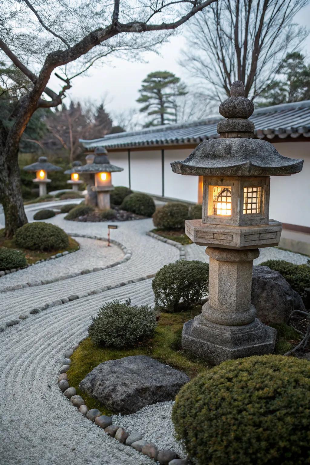 Stone lanterns illuminate the zen garden with elegance