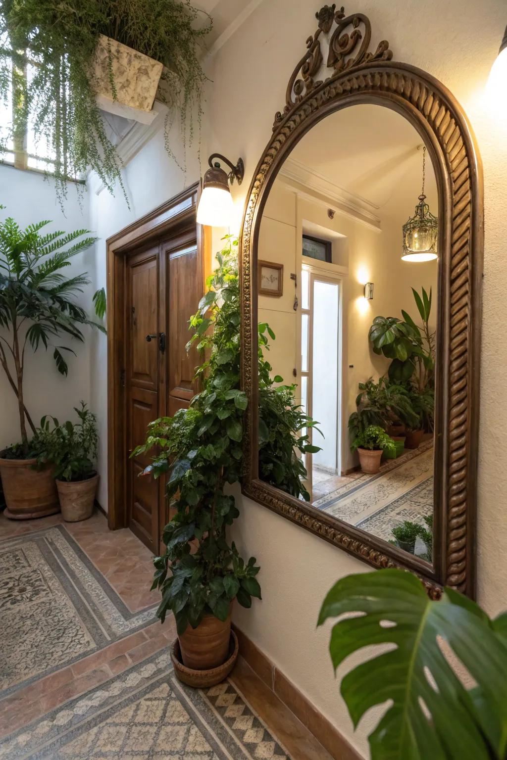 Mirrors enhance the space by reflecting light and greenery.
