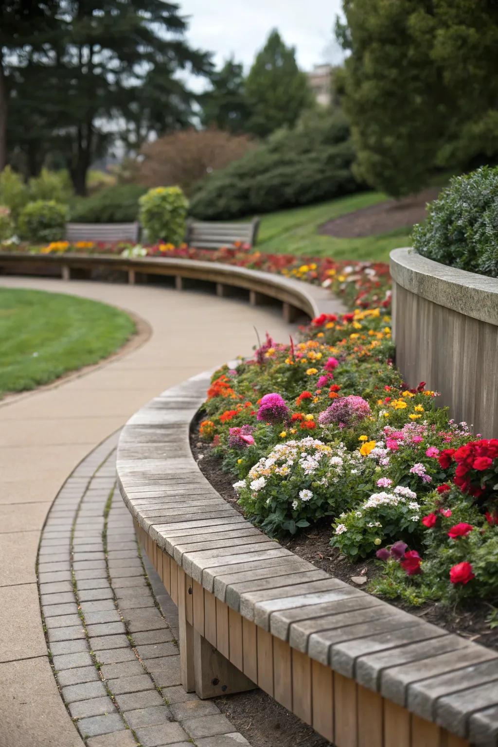 A curved bench invites relaxation amidst nature’s beauty.