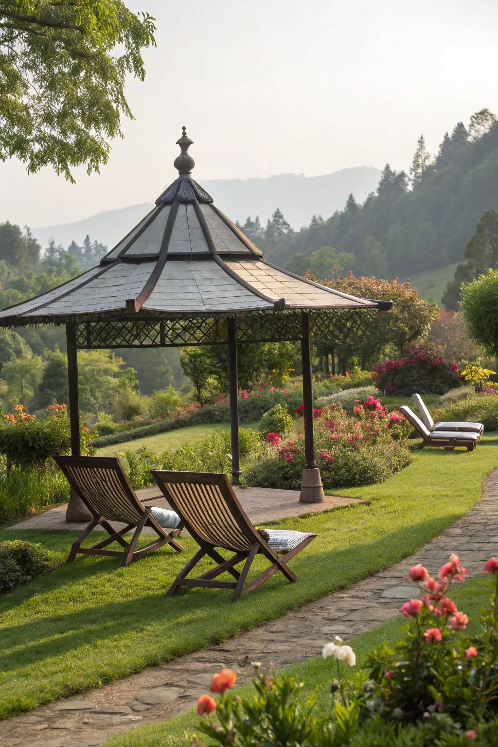 A pagoda canopy lounge invites relaxation and socializing in style.